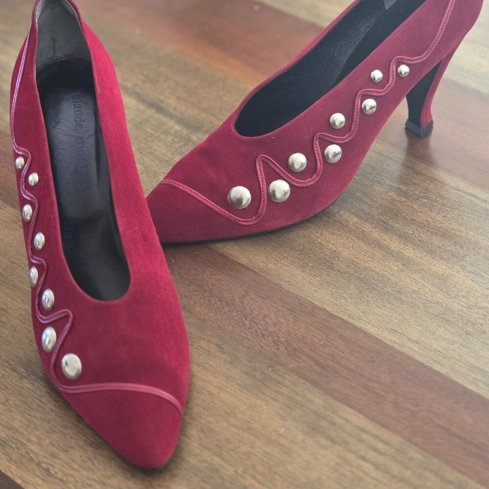 Deep Red Suede Pumps with Silver Stud Detail